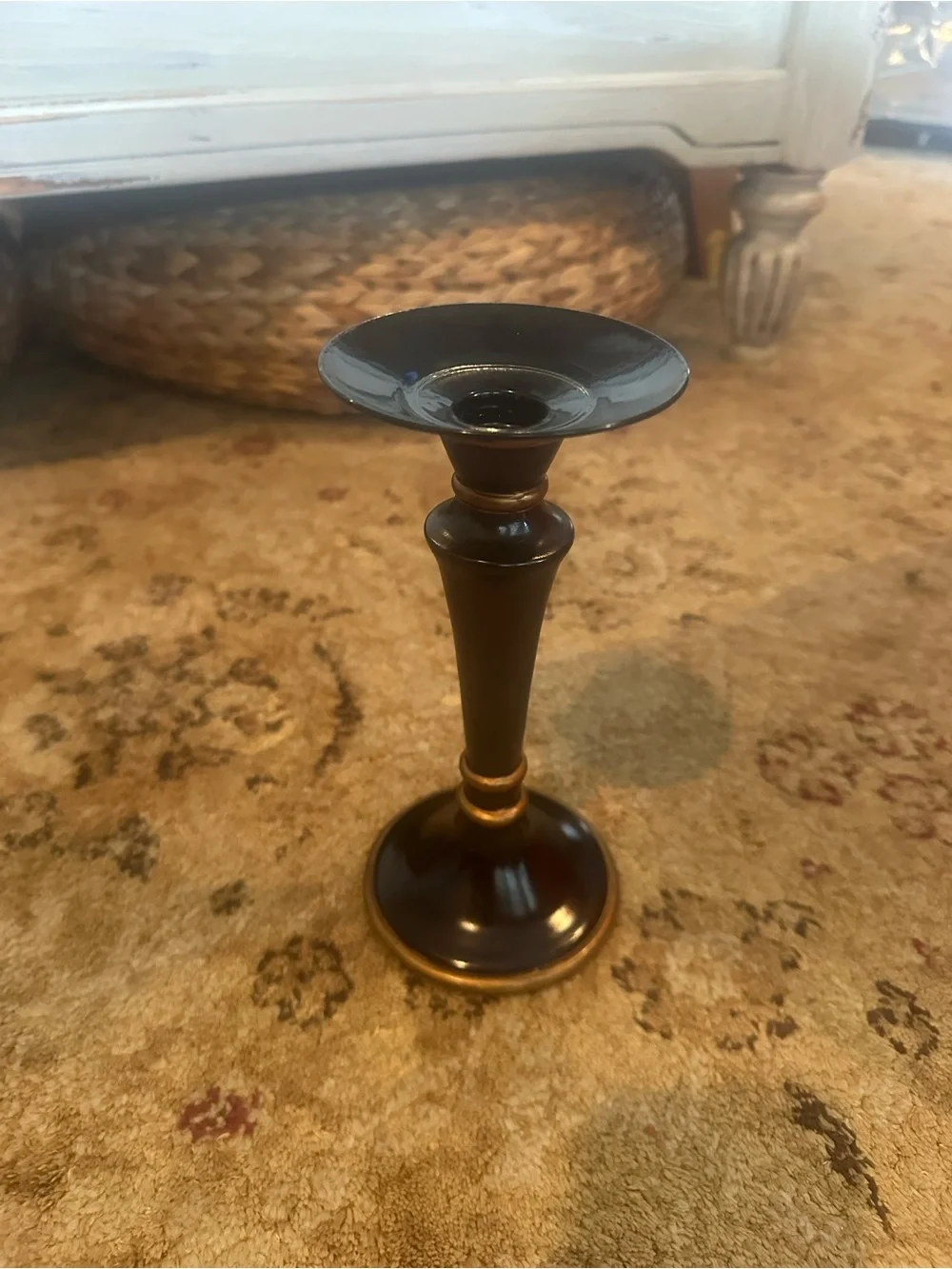 Dark Brown Wood-like resin Candlestick with Gold Accents - heavy